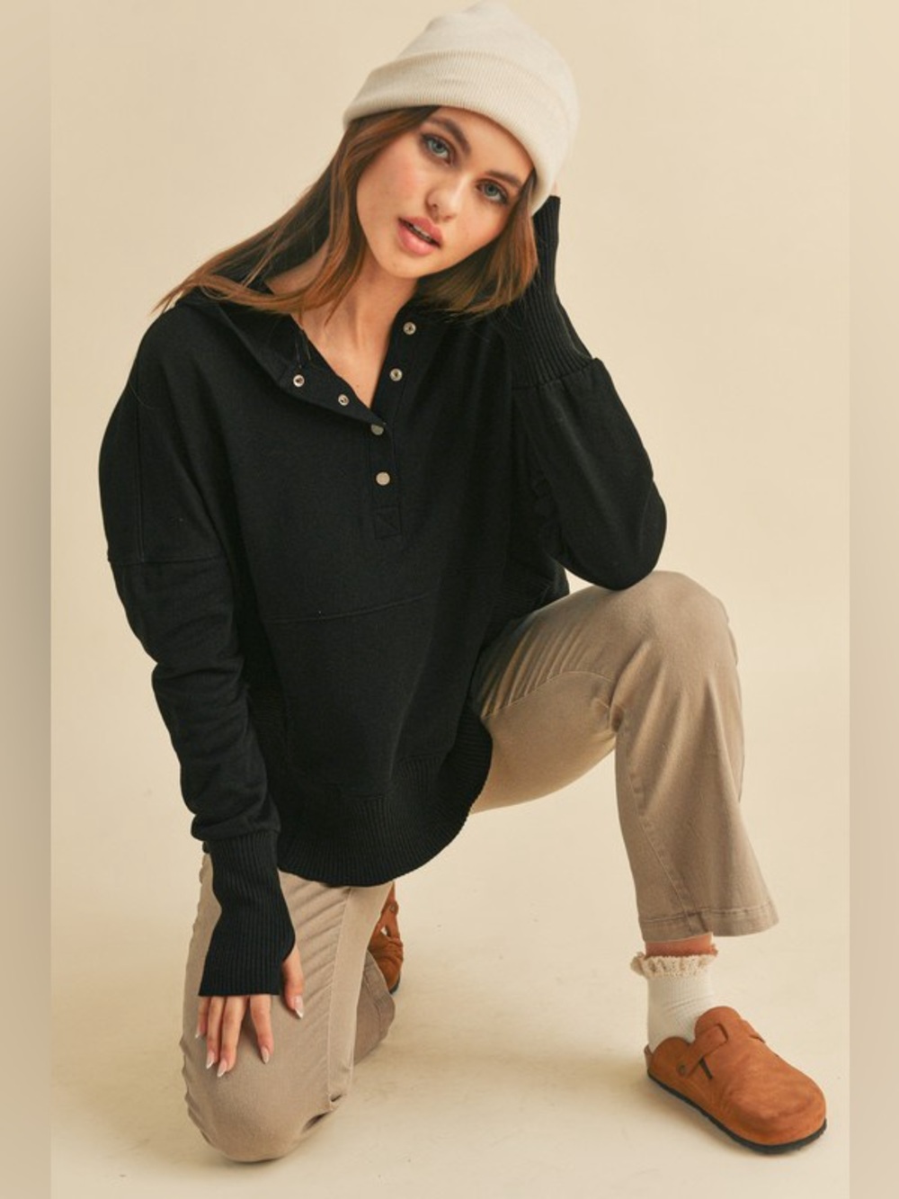 Aemi + Co Half Snap Dropped Shoulder Hoodie